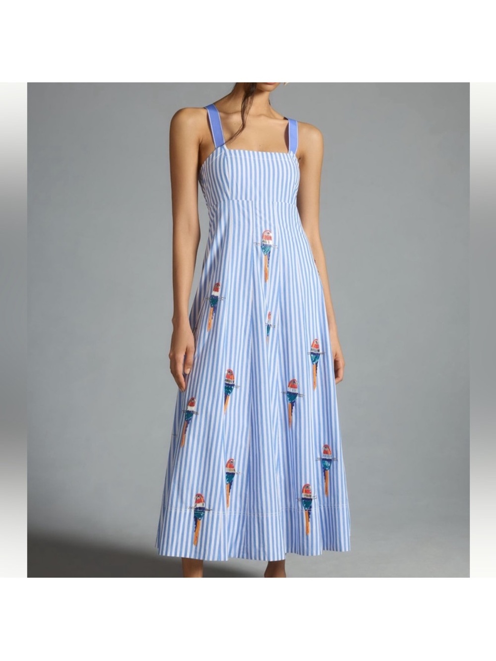 Maeve Blue and White Striped Midi Dress with Ice Cream Motifs